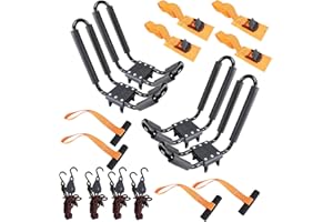 YUANSHI Kayak Roof Rack 2 Pairs Heavy Duty J-Bar Carrier Holder for Canoe, SUV, Cars, Truck, Surf Ski, Tie-Mount on Car Roof Top Crossbar for Trip - Includes 8 Pcs Ratchet, Set of 4
