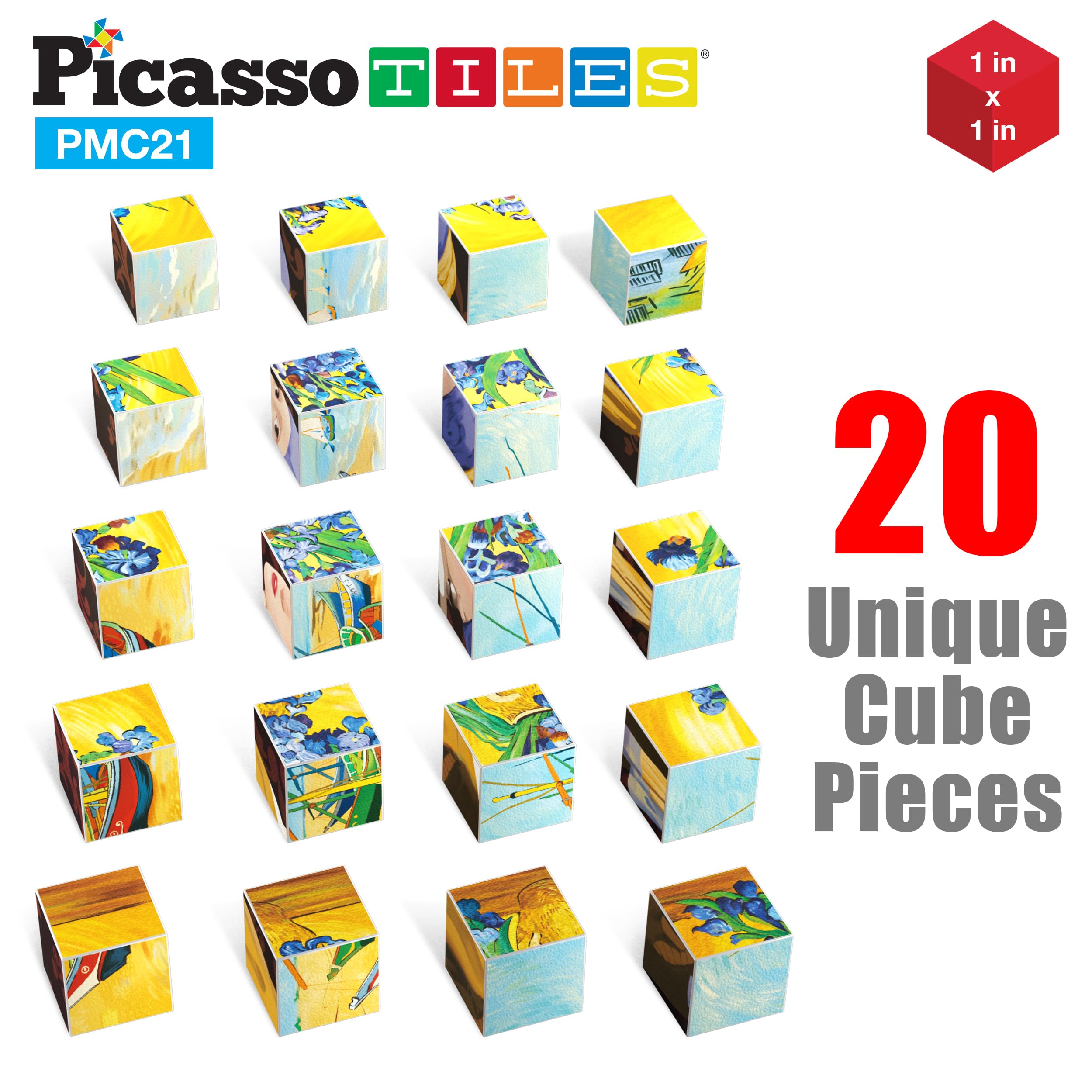 PicassoTiles 1” Magnetic Puzzle Building Cubes Blocks of Popular World Famous Art Paintings with Free Frame, Educational STEAM Toys for 3+ Year Old Boys Girls Toddlers Or Preschool Age Children PMC21