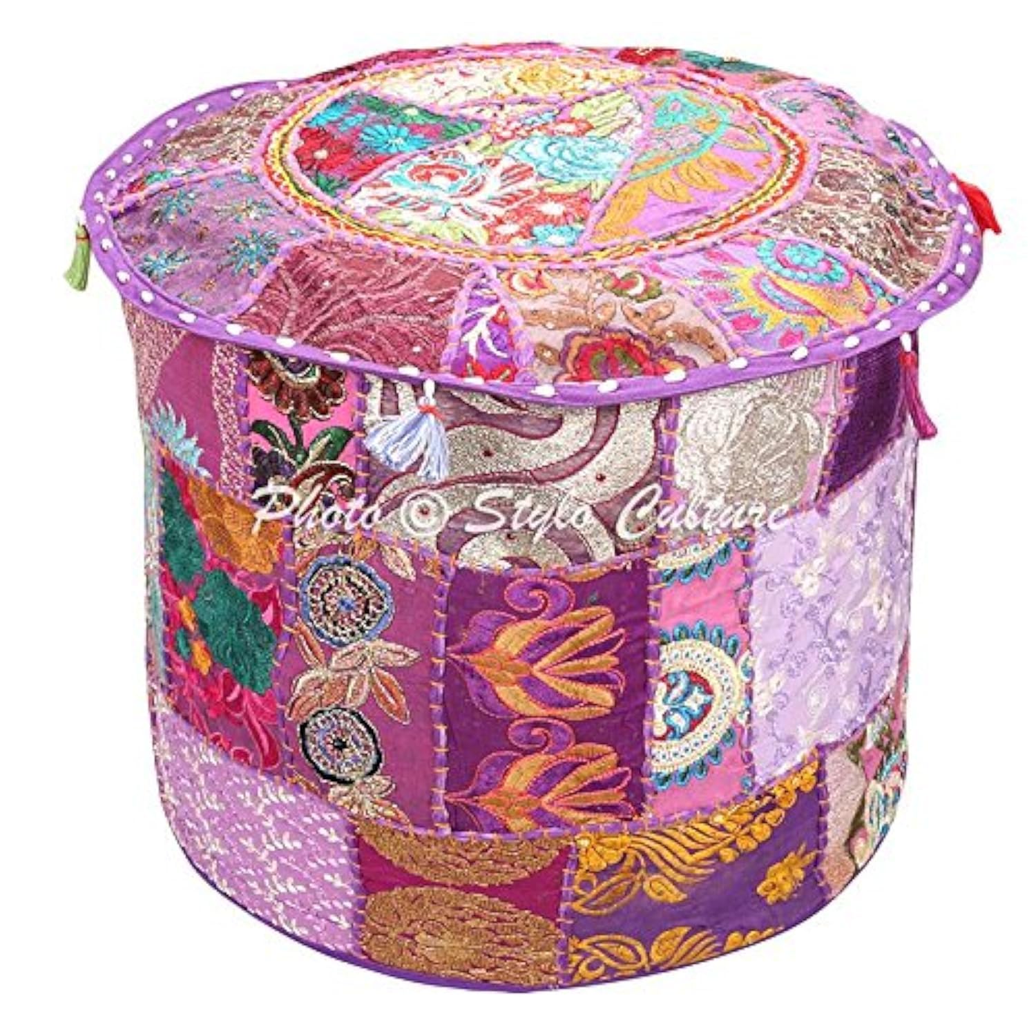 Stylo Culture Ottoman Pouffe Footstool Cover Bench Large Purple Indian Embroidered Patchwork Cotton Traditional Round Fabric Pouf Ottoman Cover (22x22x13 Inch) 55cm (COVER ONLY)