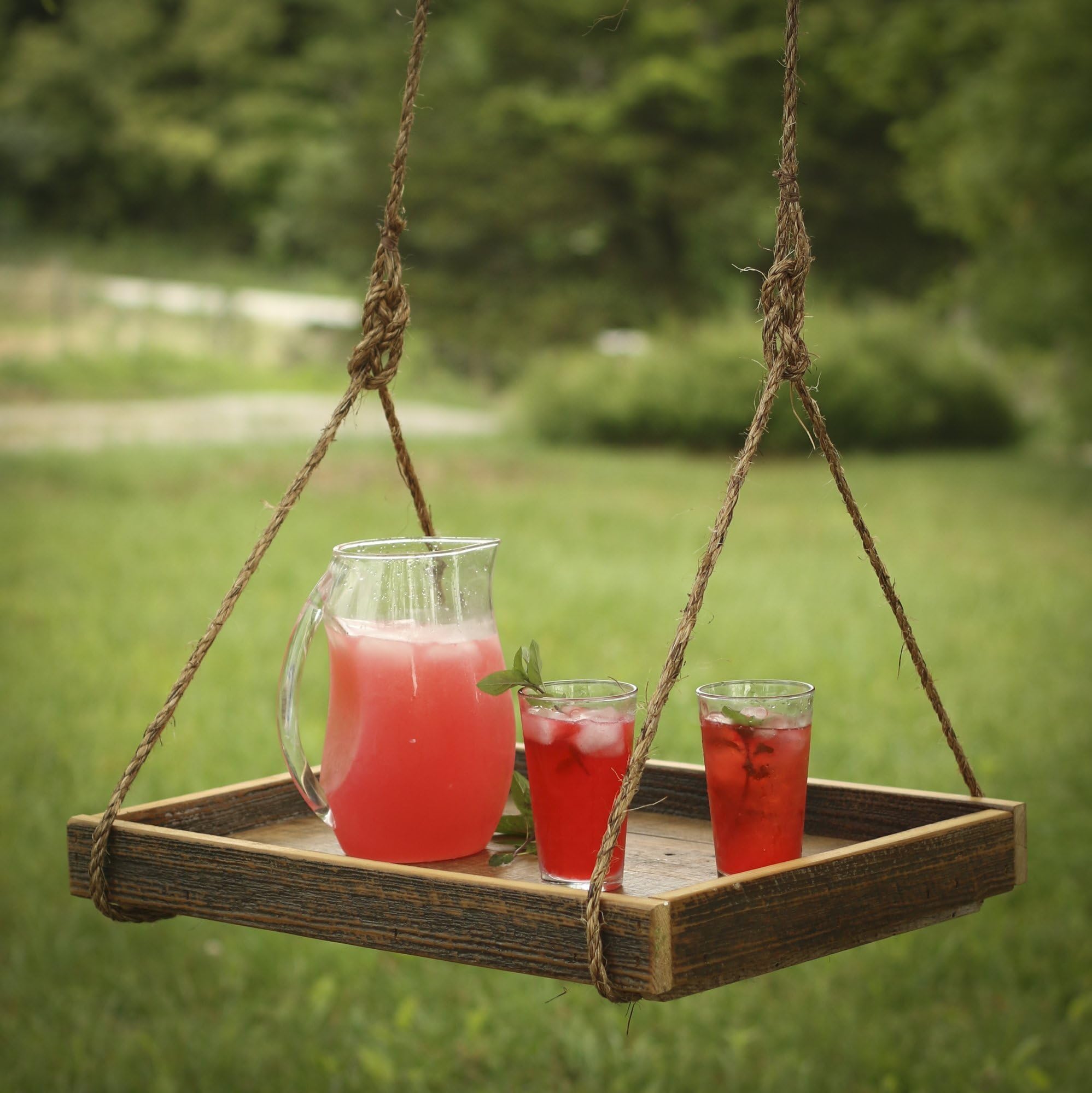 Hanging outdoor barn wood beverage tray