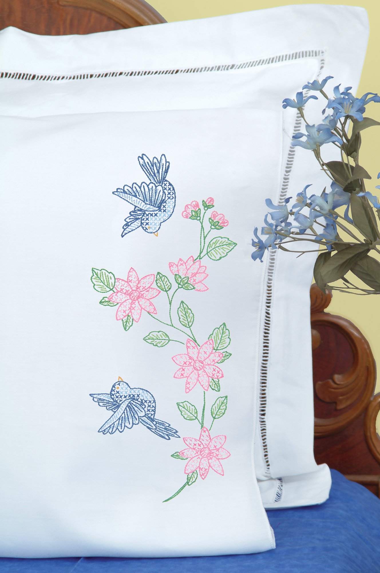 Jack Dempsey Needle Art Needle Art 160031 Perle Edge Pillowcase, Birds Pillowcase with Perle Edge Finish, 20 inches x 30 inches, White,