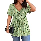 POSESHE Womens Plus Size Tops 2025 Summer Short Sleeves Tunic Tops Casual V-Neck Wrap Shirts Cute Dressy Work Blouses L-4XL
