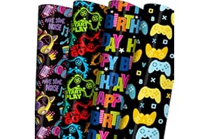 ZINTBIAL Gaming Birthday Wrapping Paper for Boys Girls Kids Baby Shower,Black Gift Wrapping Paper with Colorful Gamepad, Pink Headphones, Happy Birthday, Easy to Store, Not Rolled.