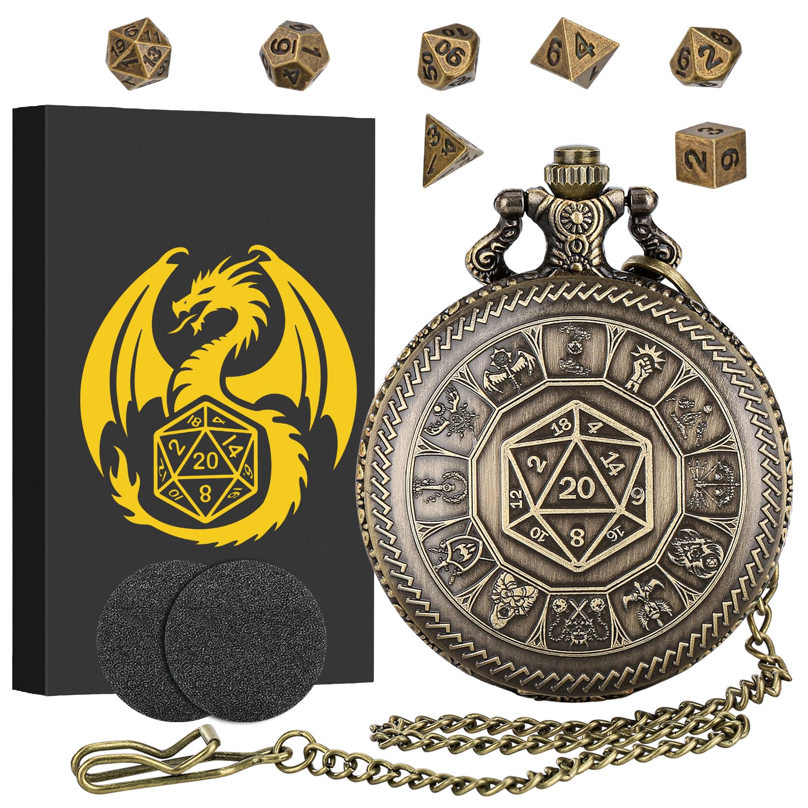 Mini DND Dice Set, Pocket Watch Case with Center Number Dice, 7 Piece Polyhedral Metal D&D Dice Set, DND Gifts with Gift Box, Role Playing Board Game Accessories, Bronze — image 1