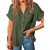 Zeagoo Ladies Female Button Up Blouses Casual Oversized Shirt Cotton Collared Short Sleeve Linen Blouses Tops Army Green