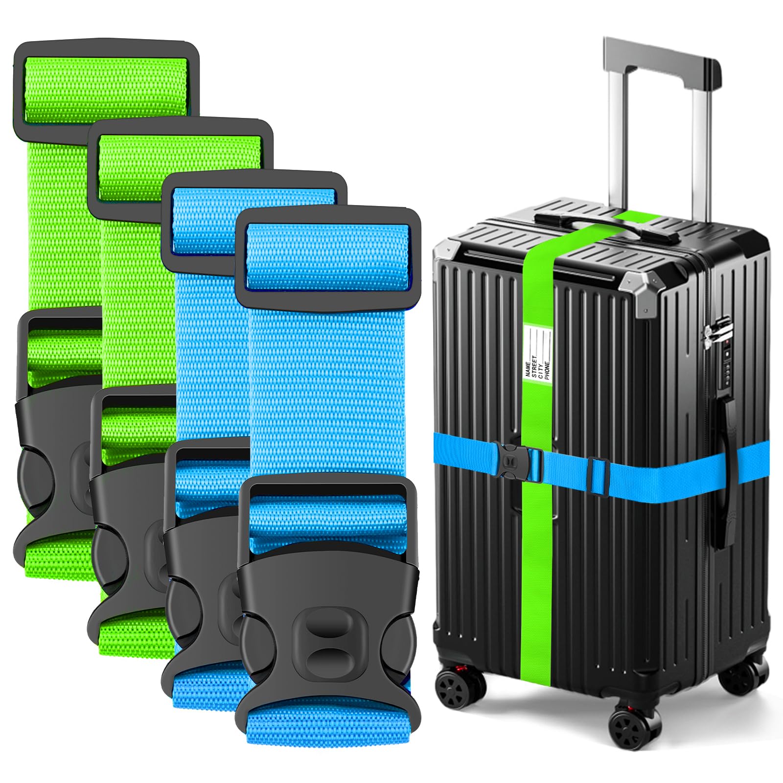 Photo 1 of BILIONE Luggage Strap 88 inch Adjustable Suitcase Belt, Lockable Against Accidental Opening, Easy to Identify Travel Accessories, Add a Bag Connector (Green 1 Pc)