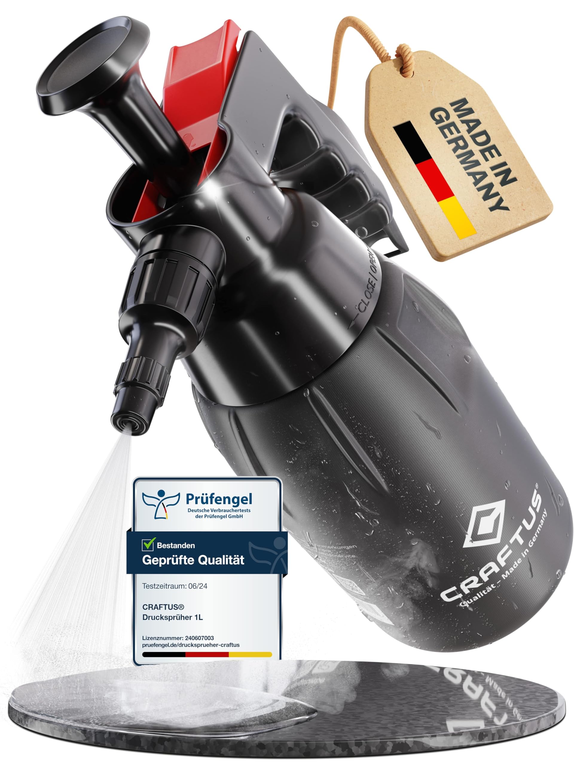 CRAFTUS® Drucksprüher 1L für gleichmäßige Verteilung von Flüssigkeit I Pumpsprühflasche für KFZ, Haus, Garten, Reinigungsmittel UVM. I Pumpflasche mit Überdruckventil & Verstellbarer Düse