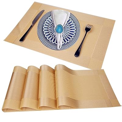 WANGCHAO Placemats Set of 8 Heat Insulation Stain Resistant Placemat Dining Table Durable Crossweave Woven Vinyl Kitchen Table Mats Placemat (Gold, Set of 8)