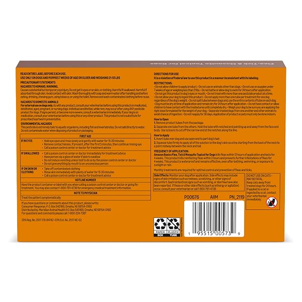 AMAZON BASICS PREVENTATIVE FLEA, TICK & MOSQUITO TOPICAL TREATMENT FOR LARGE DOGS (21-55 POUNDS), 6 COUNT, PACKAGING MAY VARY