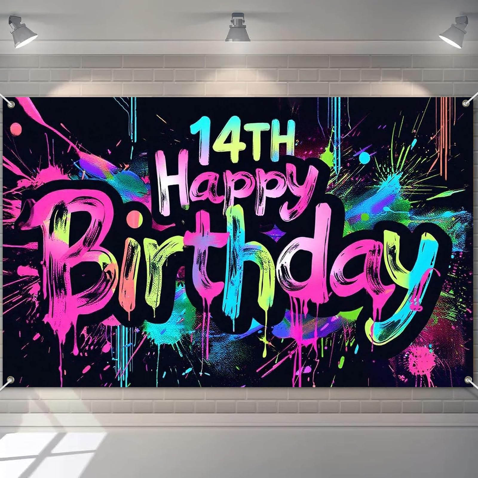 HOMETITUTE Glow in The Dark 14th Birthday Banner 71x43 Inch Colorful Paint Splatter Backdrop for Teen Boys Girls Fourteenth Party Decorations Neon Wall Decor Celebration Photo Booth Props Supplies