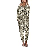 Ekouaer Pajamas Women's Waffle Knit Sleepwear Long Sleeve Top with Pants Casual Pjs Loungewear Set S-XXL