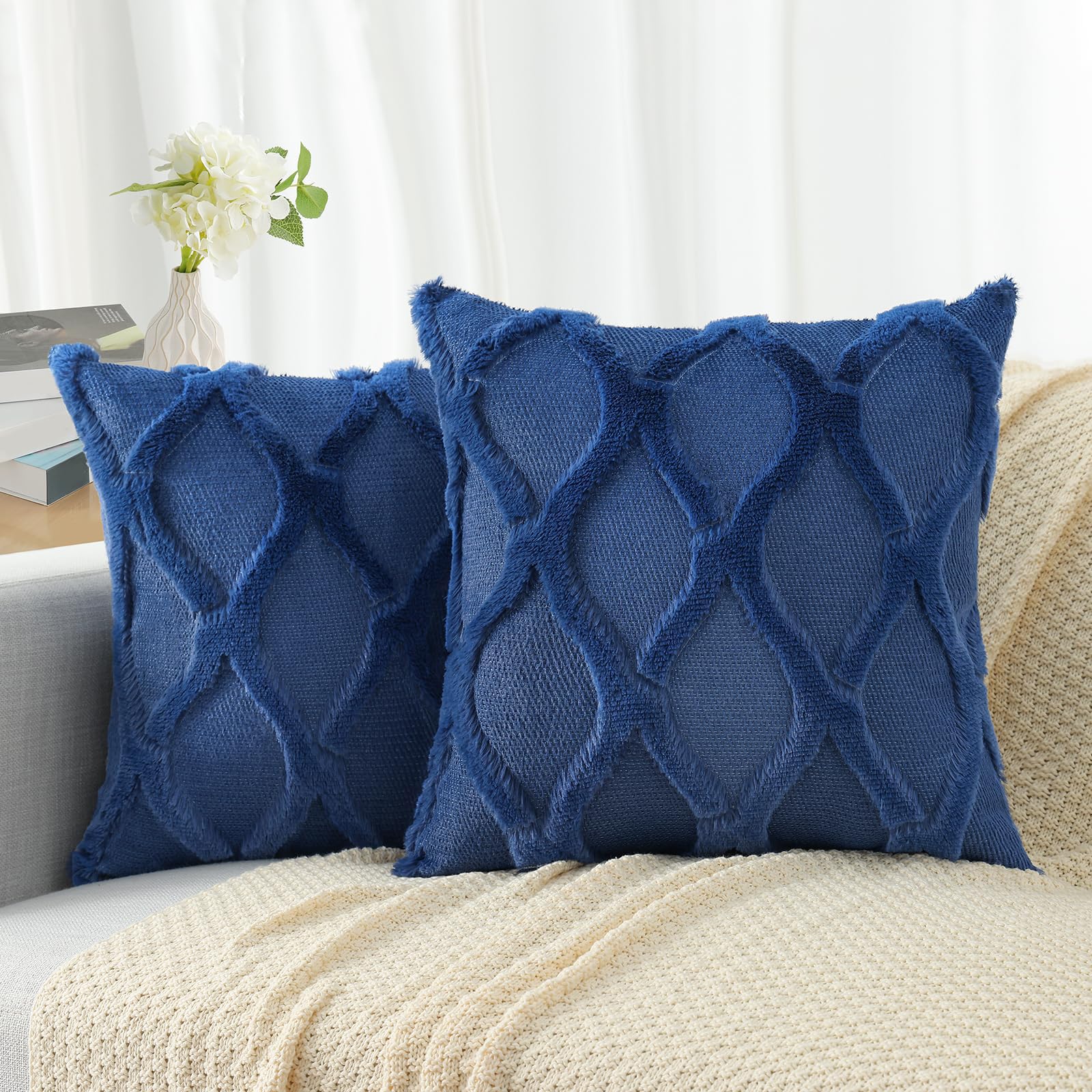 Photo 1 of decorUhome Throw Pillow Covers 16x16 Inch Set of 2, Soft Plush Faux Fur Wool Dark Blue Couch Pillow Covers, Decorative Neutral Pillow Cases for Bed Sofa Living Room Home Decor