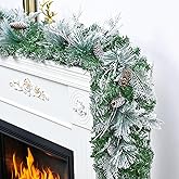 6 FT Christmas Garland with Lights, Artificial Flocked Pine Garland for Mantle, Lighted Garland Real Touch Norfolk Pine with Frost Leaves Pinecones for Indoor Outdoor Christmas Decorations