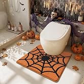 WREWING Halloween Spider Web Toilet Rug, Soft Non-Slip U-Shaped Bathroom Contour Mat with Cobweb, Ultra Absorbent Plush Halloween Decor Toilet Floor Mat, Fall Holiday Bath Rug 20x22 Inch (Orange Web)