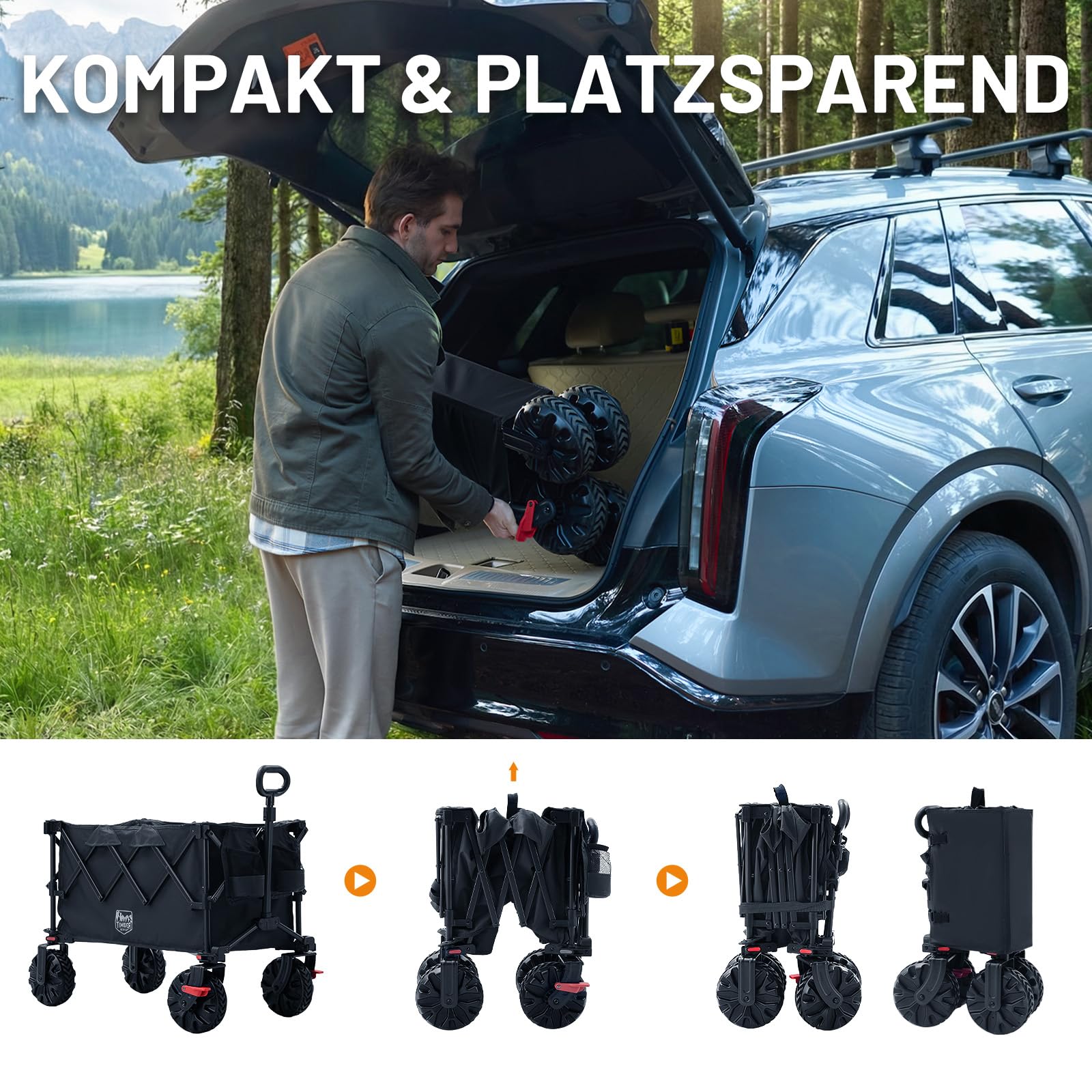 TIMBER RIDGE XXL Bollerwagen Faltbar 250L Breite Reifen mit Bremsen Strandwagen Klappbar 150KG Belastbar mit Getränkehalter All Terrain Transportwagen für Camping Einkaufen Garten 5