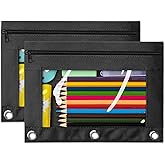 V-Opitos 2 Pack Black 3-Holes Zipper Pencil Pouches for 3 Ring Binder | Sturdy Cloth Pencil Case, Durable, Clear Window, Office, School and College Supplies