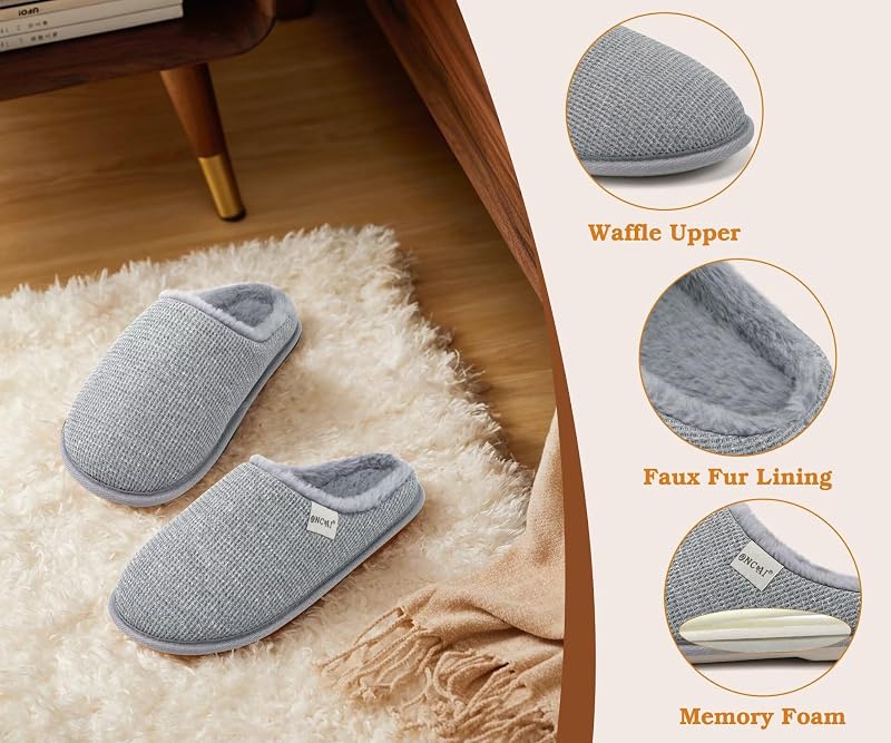 Damen Hausschuhe mit Memory Foam Waffel Oberteil Winter Warme Plüsch Pantoffeln für Damen 2025 Bequem Trendy Rutschfeste Haus Indoor Slide Slippers Schuhe Plüsch Grau Größe EU 36 — Foto 6 von 7