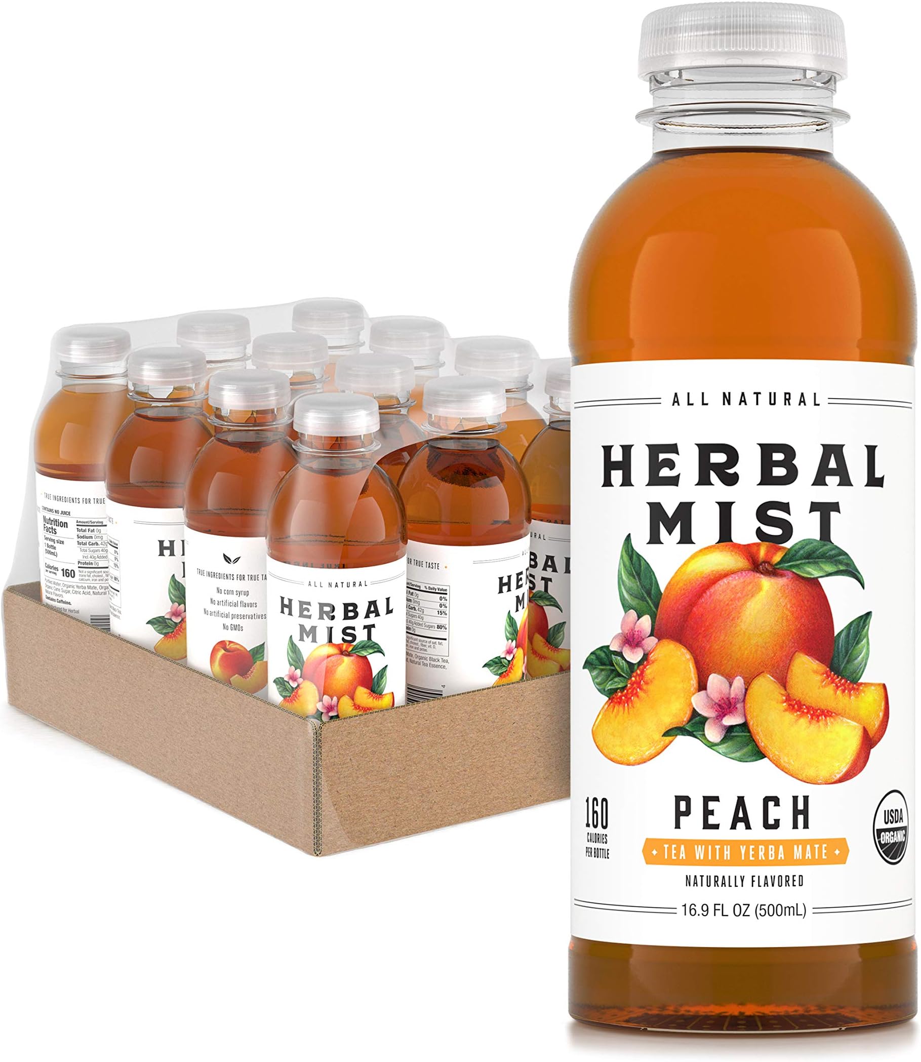 Herbal Mist Organic Yerba Mate Iced Tea | Natural Low-Calorie Drink From Premium Loose Leaf Teas and Real Fruit Extracts | Peach, 16.9 Ounce (Pack of 12)