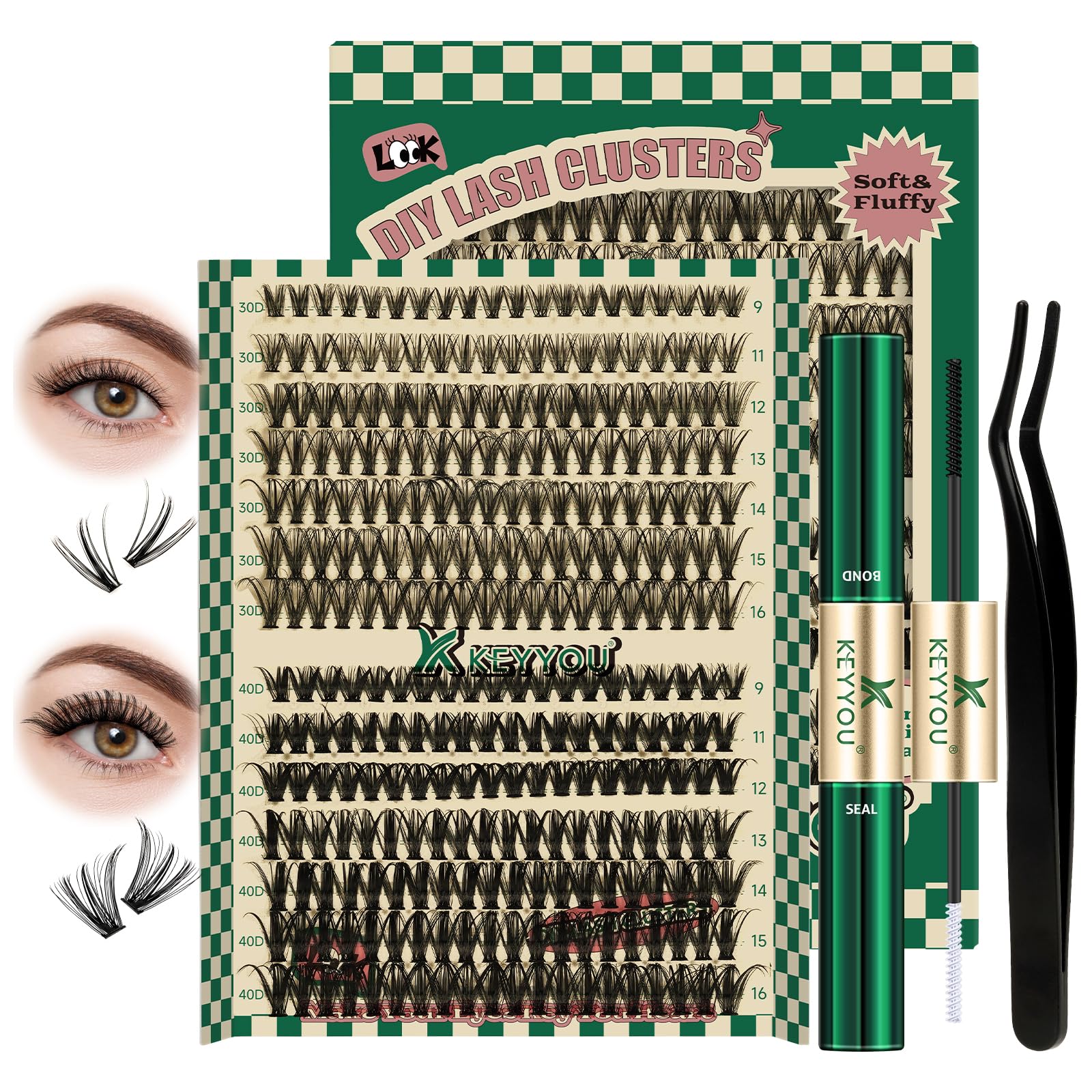Photo 1 of KEYYOU DIY Lash Extension Kit 280pcs Individual Lashes D Curl Eyelash Extension Kit 30D+40D 9-16Mix Lash Clusters with Lash Bond and Seal and Lash Applicator for DIY at Home(KIT-30D40D-0.07D-9-16MIX)