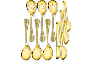 Teivio Hammered Stainless Steel Metal Serving Utensils Set of 9, 10" Serving Spoons, 10" Slotted Spoons, 9" Serving Tongs, La
