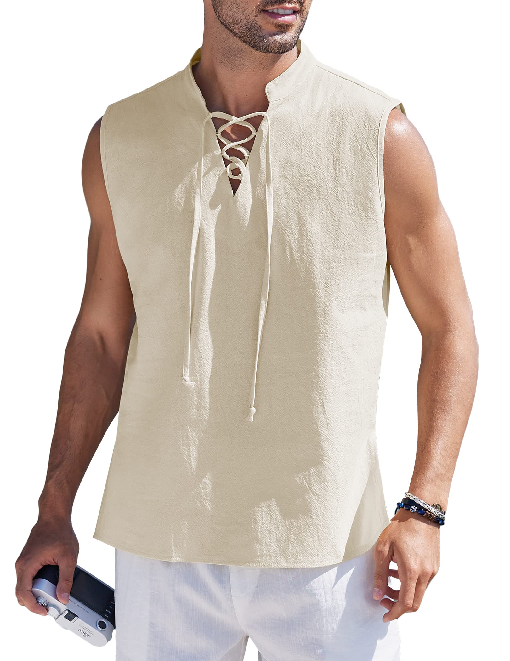 Photo 1 of COOFANDY Mens Linen Beach Tank Top Summer Boho Drawstring V Neck Shirt Cream Medium Sleeveless