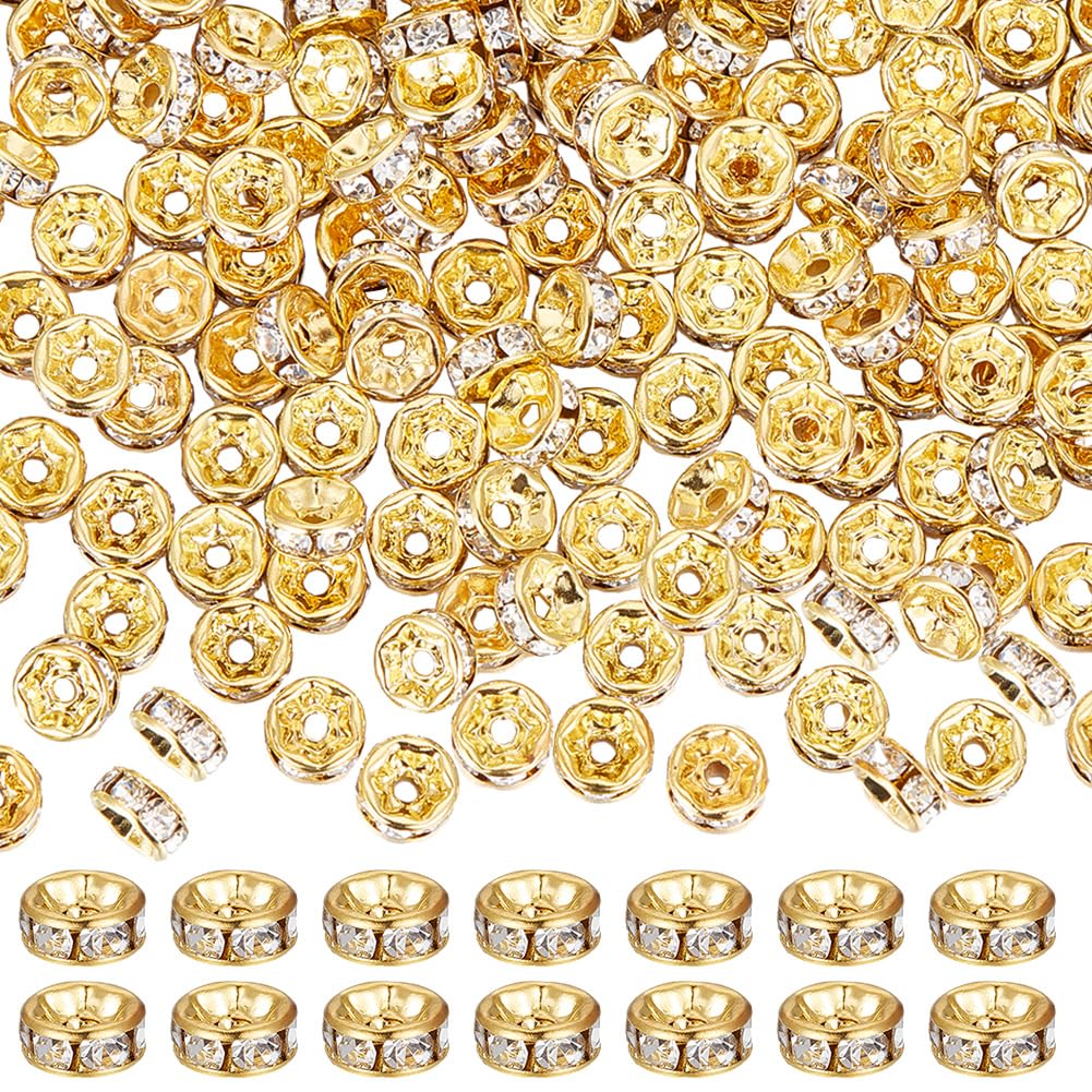 SUNNYCLUE 1 Box 300Pcs 6MM Rondelle Spacer Beads Gold Rhinestone Crystal Beads Golden White Round Loose Spacer Bead for jewellery Making Diy Crafting Supplies Bracelet Necklace Women Adult Beginner