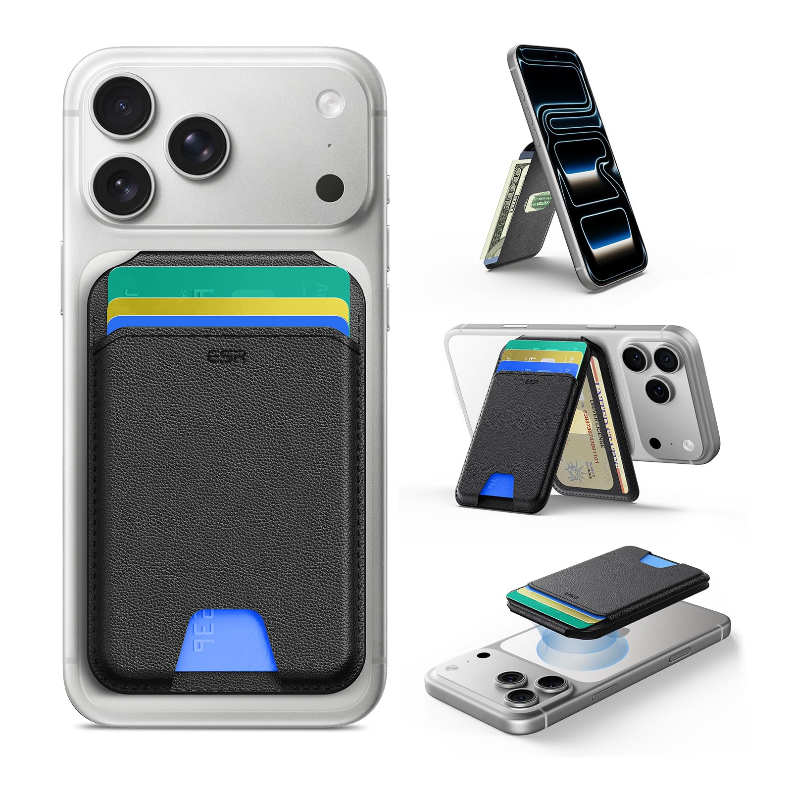 ESR Upgraded for MagSafe Wallet, 5 Card Holder, RFID Blocking, Magnetic Wallet with Adjustable Stand, Slim for iPhone 17e/17/16/15/14/13/12 Series & Google Pixel 10, Not Mini, Vegan Leather, Black