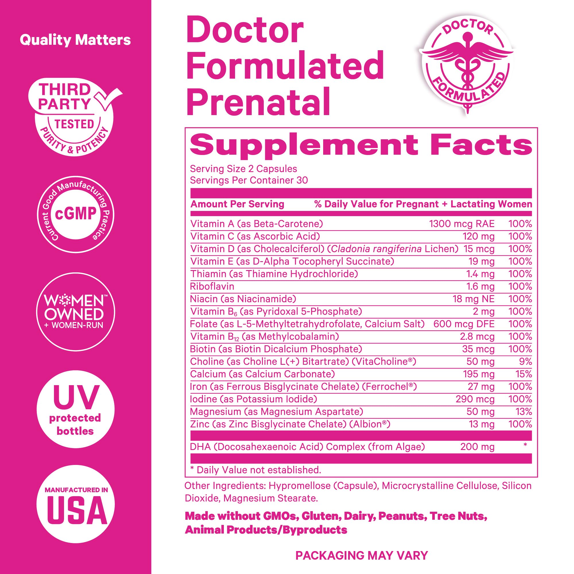 Pink Stork Total Prenatal Vitamins with DHA, Folate, Iron, Choline, and Vitamin B12 - Prenatals for Women to Support Fetal Development, Pregnancy Essentials, Berry Essence, 60 Capsules, 1 Month Supply