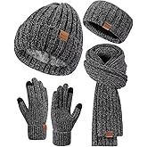 Women Beanie Scarf Gloves Headband Set, Chenille Winter Hats Fleece Lined Ear Warmer Knit Scarf Touchscreen Gloves 4 Gift Set