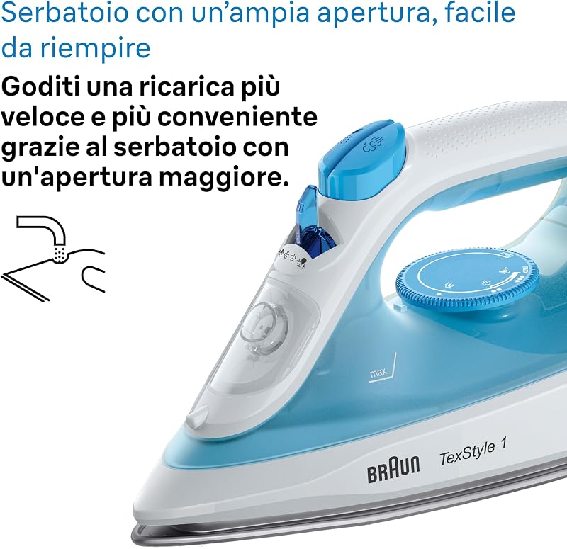 TexStyle 1 SI1029BL, Ferro da Stiro Antiaderente, 120g/min Colpo Vapore, Sistema Decalc & Funzione Spray, Riscaldamento Rapido (35s), Adatto Acqua Rubinetto, EcoMode, Serbatoio 220ml, 1900W, Blu
