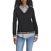 Tommy Hilfiger Womens Long Sleeve Button Up Collared Twofer Sweater