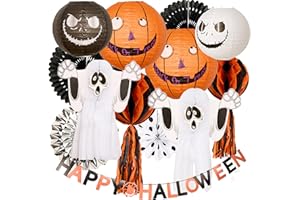 PAPER FAIR 13Pcs Halloween Ghost Paper Lantern Set, Orange Black White Jack O Funny Pumpkin Face Decor, Spooky Hunted House Indoor Outdoor Hanging Decoration, Nightmare Party Supply Props, Assorted 8-12 Inch