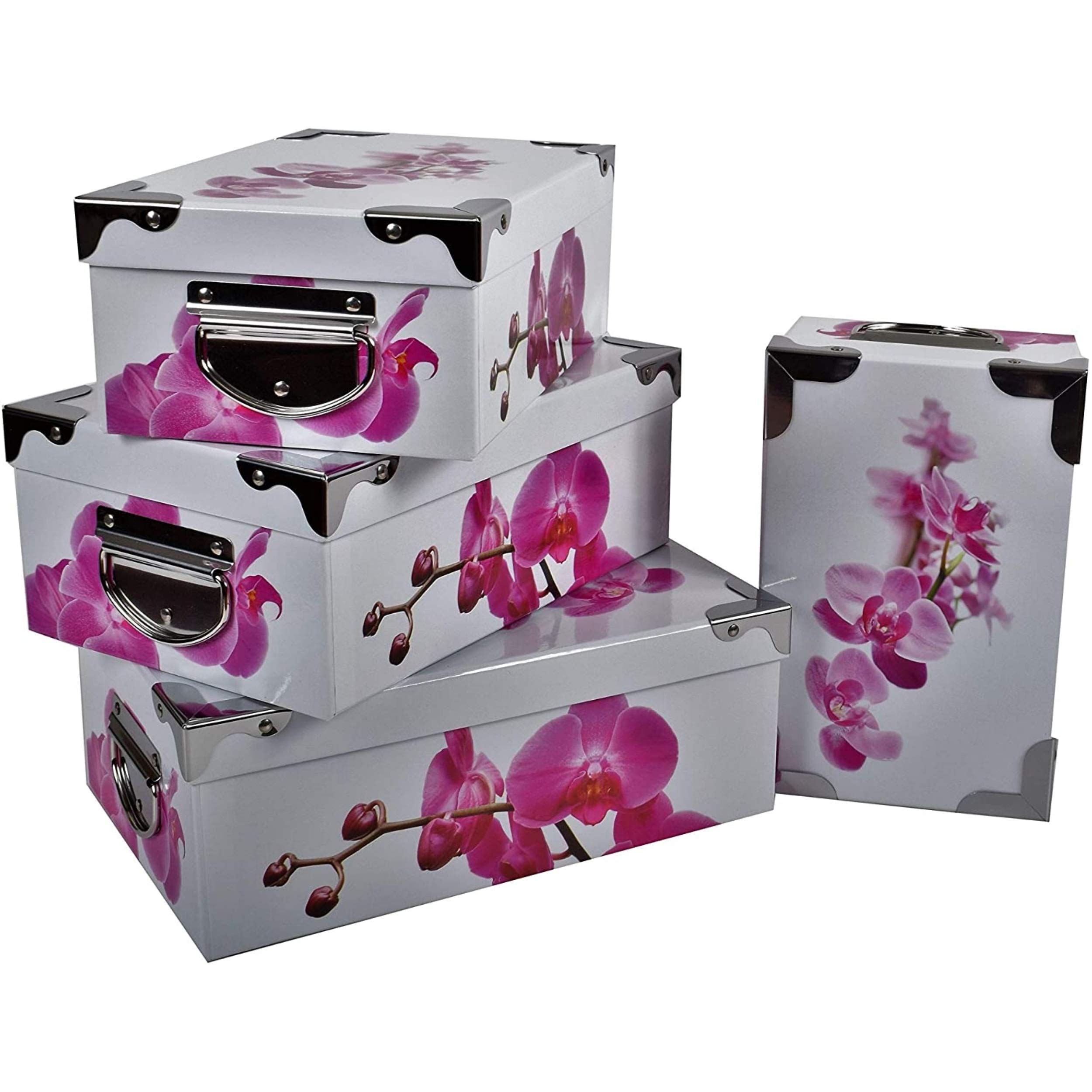 2J Orchid 4 Pack Orchid Printed Cardboard Storage Boxes with Metal Angles and Handles. Sizes: 23x15x9,25x16,5x10,27x18x10,5,29x20x11cm