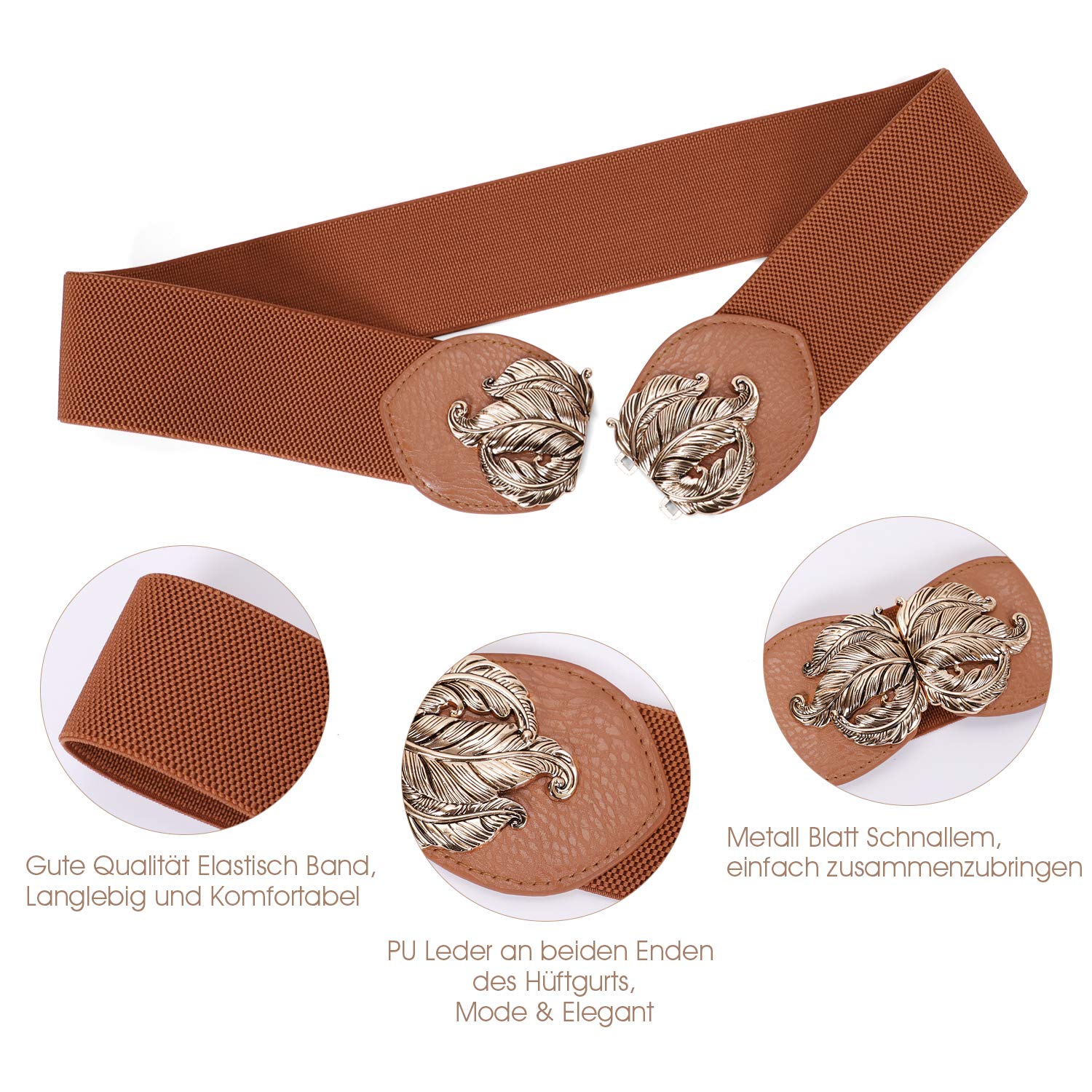 JasGood Damen Mode Breit Elastische Gürtel - Vintage Taillengürtel mit Gold Blatt Schnalle, Braun, Taille Größe 70cm-80cm