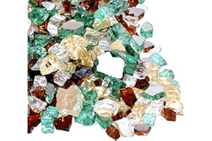 Skyflame 10-Pound Blended Fire Glass for Decorating Fire Pit Fireplace Landscaping - 1/2 Inch Reflective Tempered Fireglass Gold, Light Green, Copper