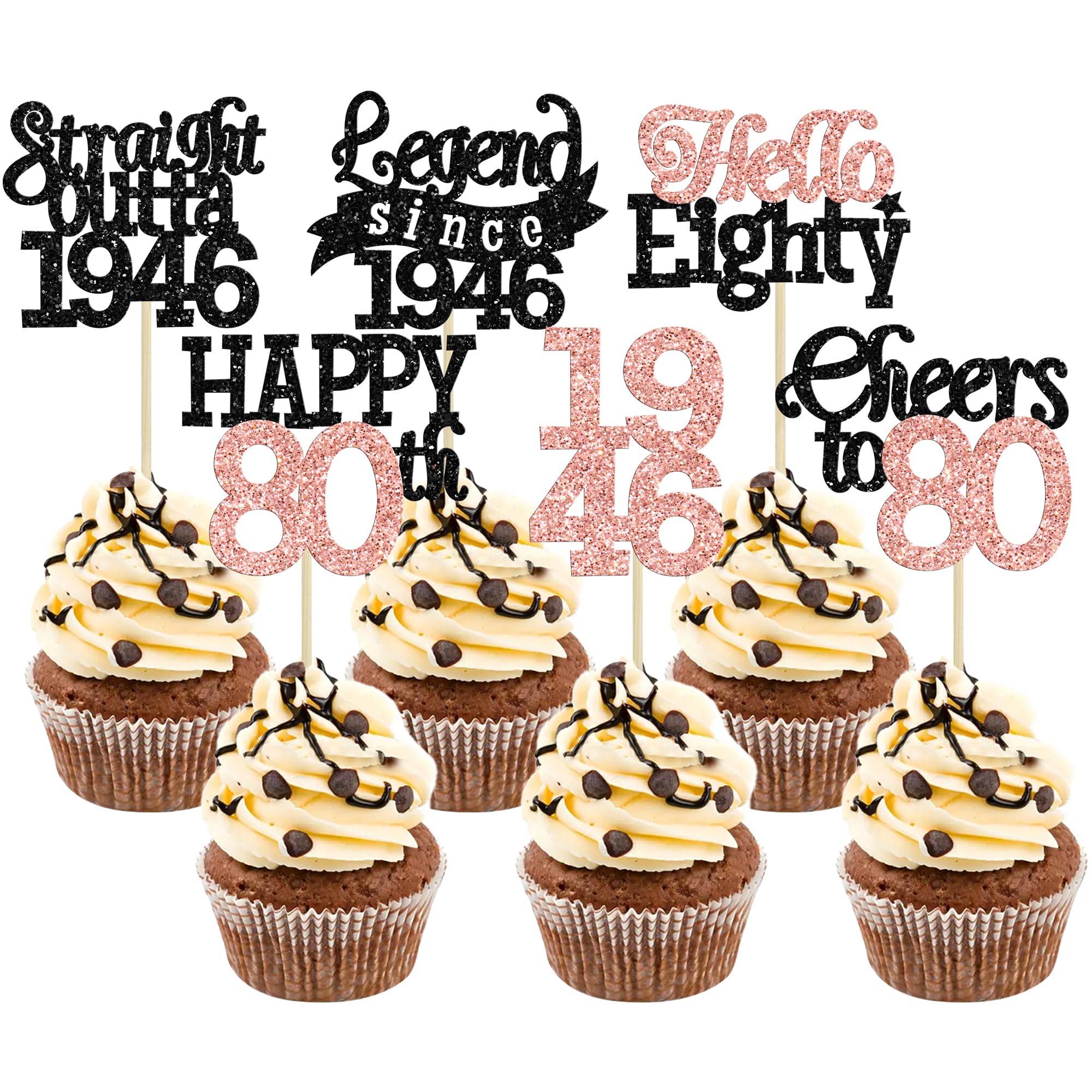 Gyufise 24Pcs Happy 80th Birthday Cupcake Toppers Hello Eighty Legend Since 1946 Cupcake Picks Cheers to 80 Years Cake Decorations for 80th Birthday Anniversary Party Supplies Black Rose Gold