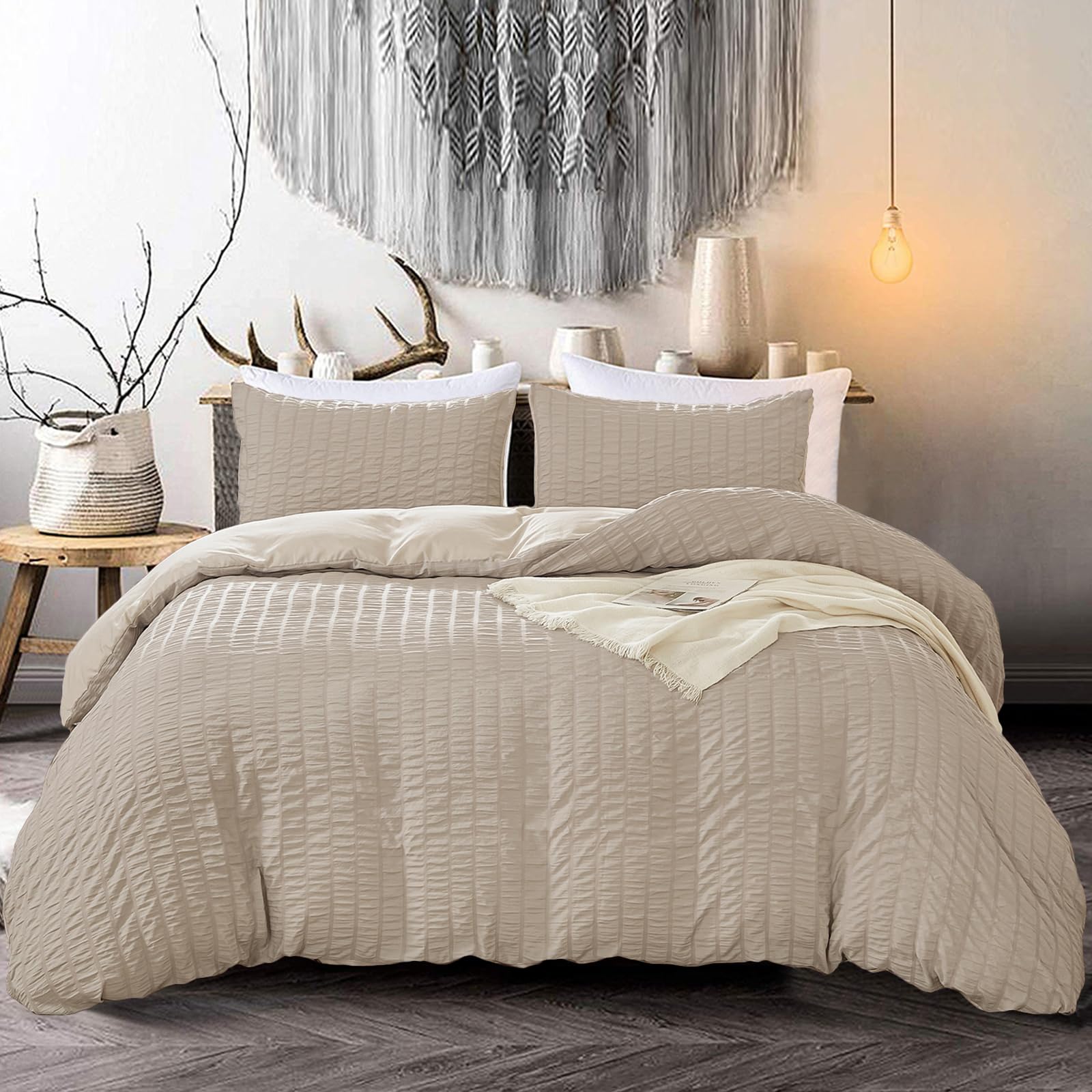 Classic Seersucker Bedding Set Khaki Duvet Cover with 2 Pillowcases Soft Breathable Microfiber Duvet Cover Set King 220 x 230cm — image 1
