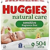 Huggies Natural Care Sensitive Baby Wipes, Unscented, Hypoallergenic, 99% Purified Water, 9 Flip-Top Packs (3 packs of 3), 504 Total Wipes (56 Wipes per pack), Packaging May Vary