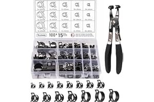 Toolwiz 100Pcs 6-25mm Spring Band Hose Clamp Assortment with Swivel Clamp Pliers, Constant Tension Radiator Hose Clamps, Blac