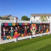 BlissYard Day of the Dead Fence Banner Sugar Skull Decor 118 x 20 Inch | Sugar Skull Party Backdrop, Floral Garden Fence Decor, Day of Dead Porch Display, Garden Fence