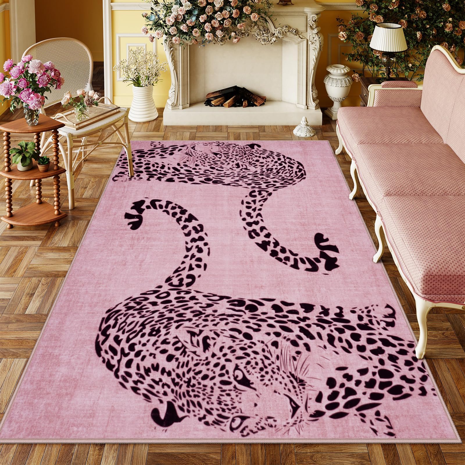 Photo 1 of OJIA Leopard Print 5x7 Area Rugs for Living Room, Soft Washable Rugs for Bedroom Ultra-Thin Non-Slip Moden Pink Rug, Stain Resistant Nursery Rug Carpet for Kids Playroom Classroom Dining Room