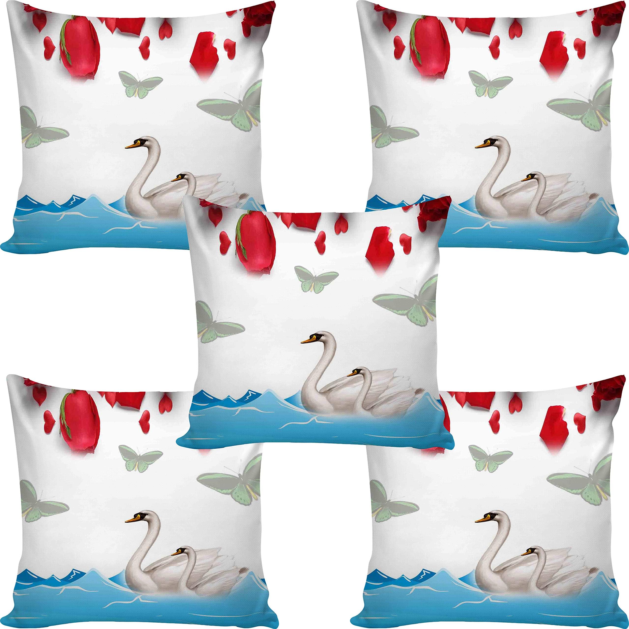 b7 CREATIONS Floral Digital Printed Jute Cushion Cover (Red,16 x 16 inch) - Set of 5
