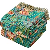 Boho Throw Blanket - 50"x60" 100% Cotton Ultra Soft Lightweight Fall Blanket, 4-Layer Breathable Muslin Blankets for Bed Couch, Reversible Green Floral Printed Bohemian Cotton Quilt