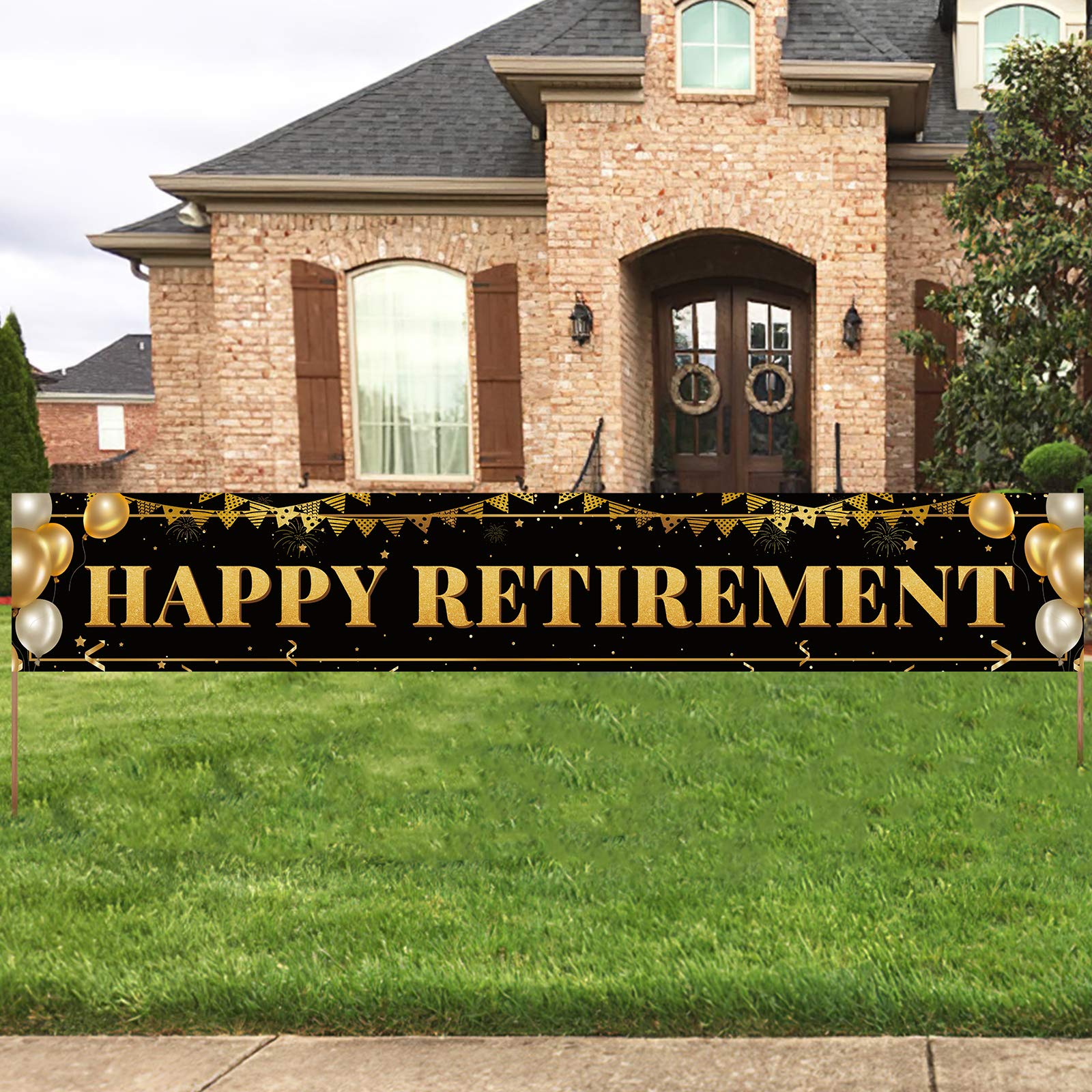 Photo 1 of ANATANOWOR Large Happy Retirement Banner, Black and Gold Retirement Banner Sign, Party Decorations Supplies (9.8x1.6ft)