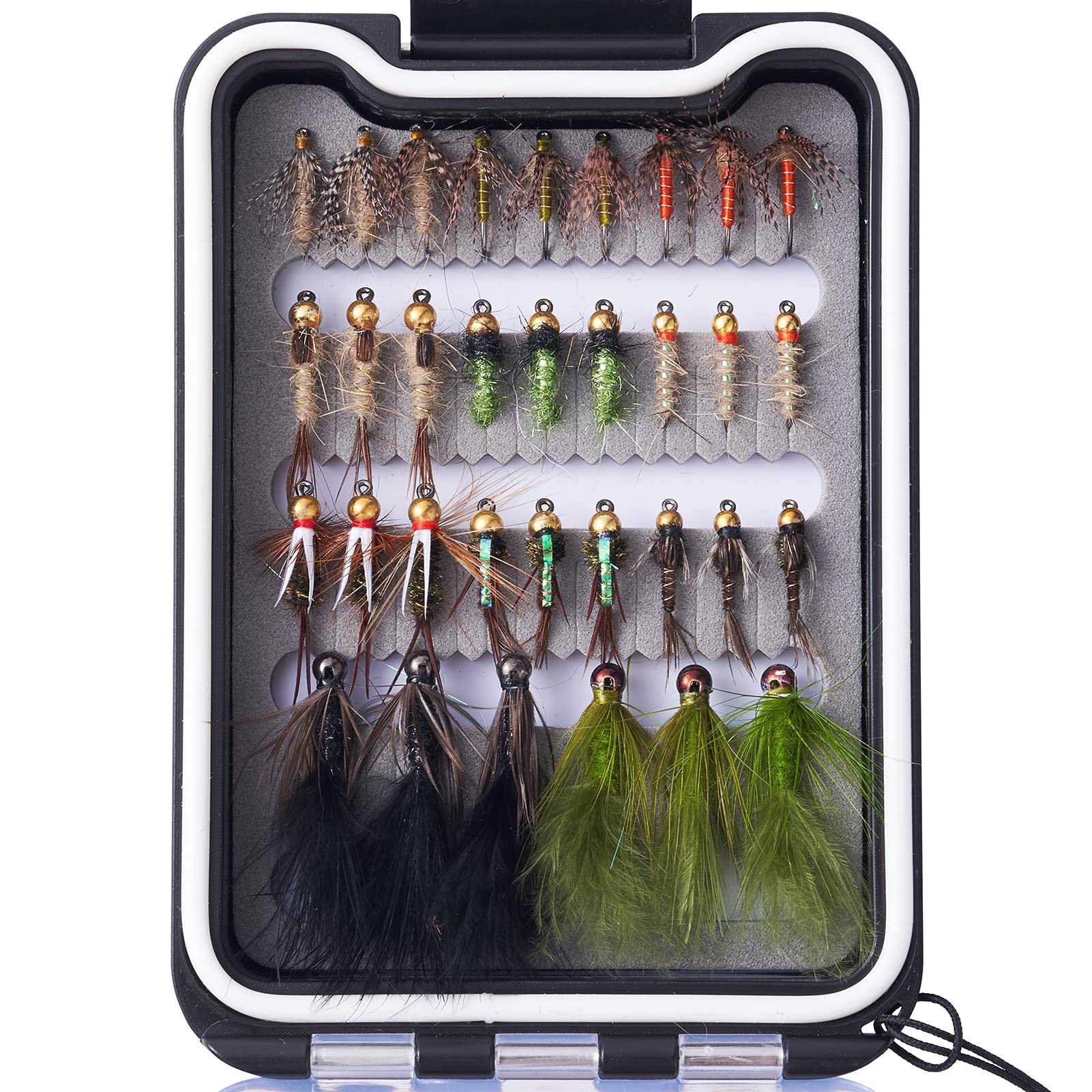 Bassdash Fly Fishing Lures Kit with Box Nymph Beadhead Wet Fishing Dry Flies for Trout Bass Salmon (33pcs barbed and barbless trout flies)