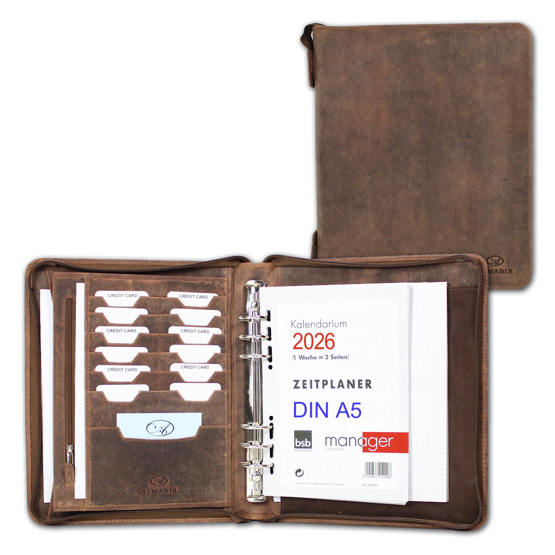 Almadih Leather Organiser A5 with Ring Mechanism, Zip + 2017 Calendar; Made of Cowhide - Leather Writing Case Conference Folder Organizer A5 Vintage