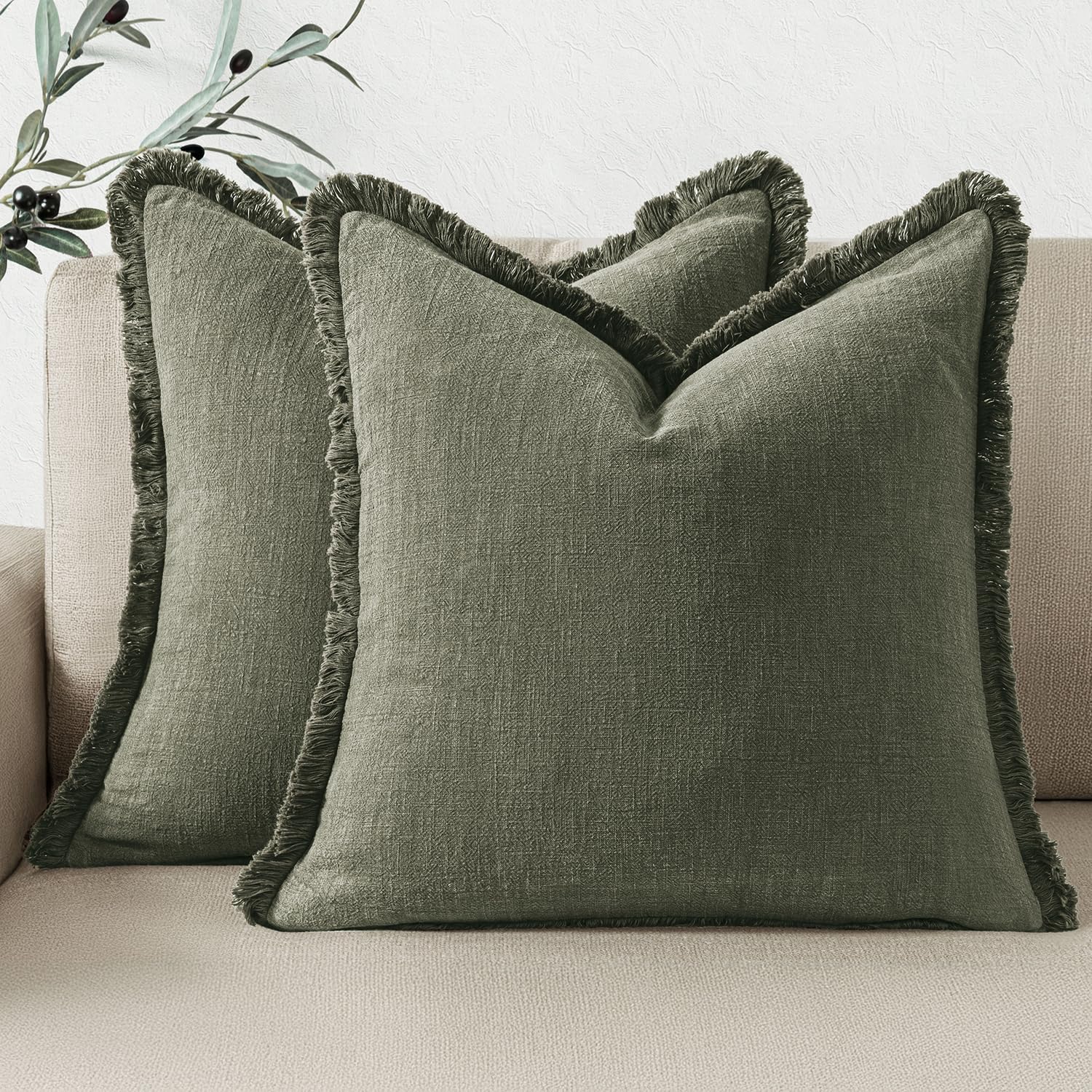 Photo 1 of Woaboy Set of 2 Decorative Linen Fringe Throw Pillow Covers Boho Farmhouse Euro Cushion Covers Accent Pillowcases with Tassels Christmas Home Decor for Bed Couch Sofa,26x26 Inch,Light Olive Green