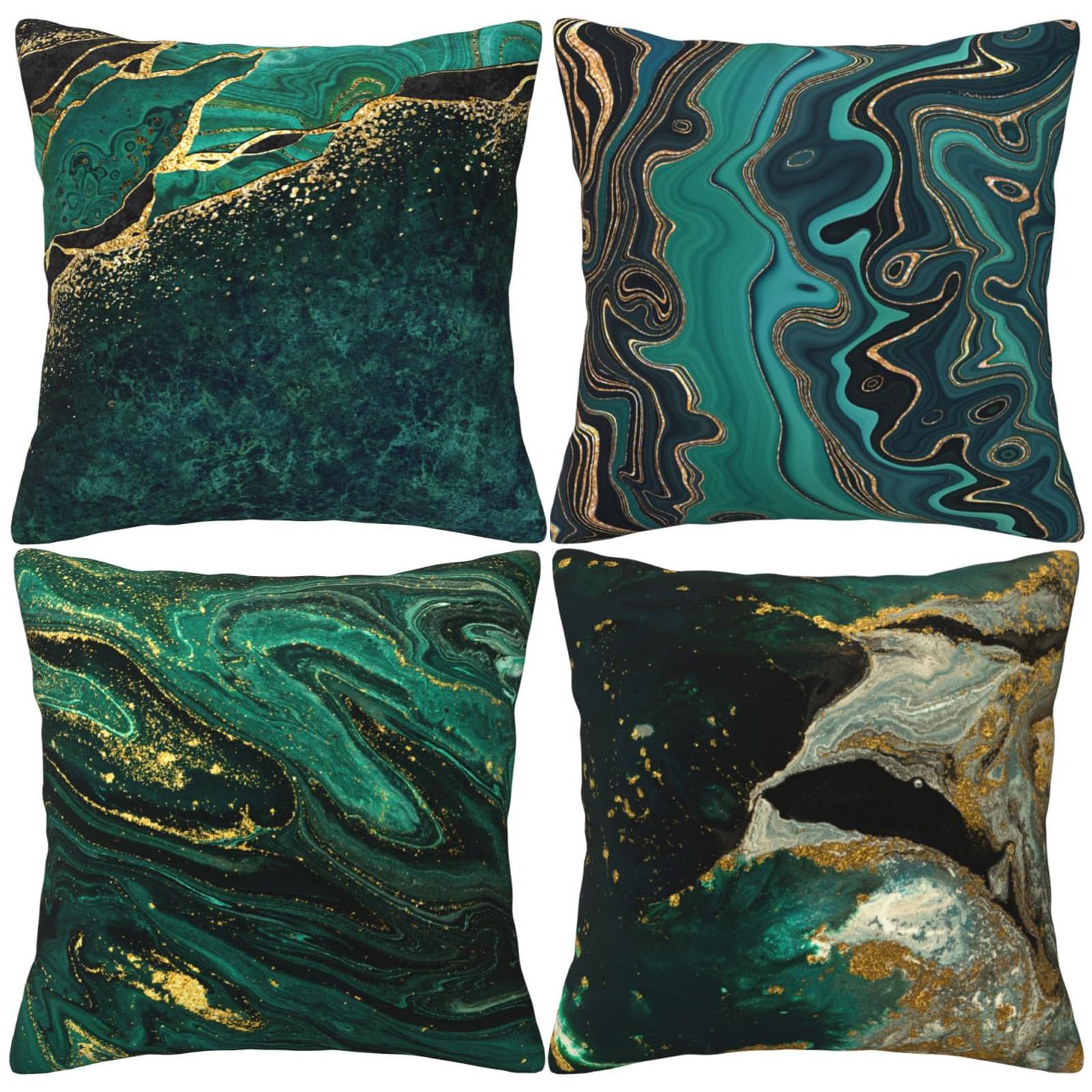 HOSTECCO Green Marble Cushion Covers 45x45 cm pack of 4 Green Gold Abstract Pillow Covers Modern Decorative Pillow Cases for Sofa Couch Bed