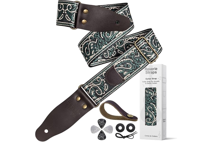 ReverieStraps Jacquard Embroidered Guitar Strap, Genuine Cowhide Leather Ends, Adjustable for Bass Electric Acoustic