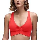 CRZ YOGA Butterluxe Ruched Longline Sports Bras for Women - V Neck Padded Yoga Tank Wide Straps Cross Back Crop Tops